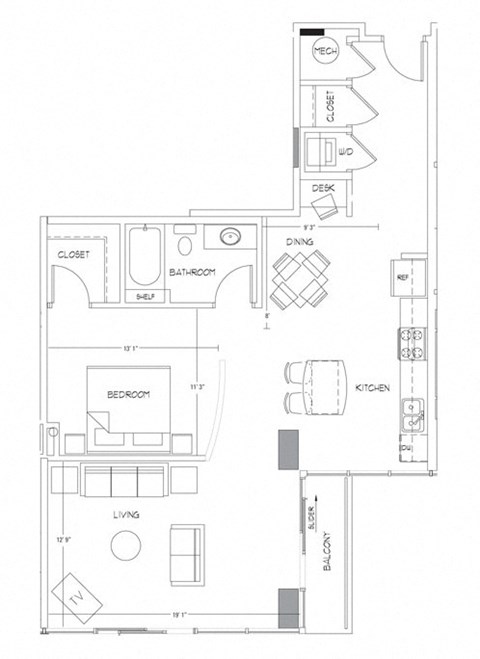 Floor plan for 1 bed, 1 bath, 960 sqft